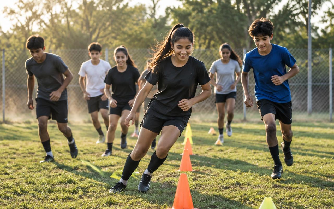 Adolescentes varones y mujeres entrenando juntos en una cancha